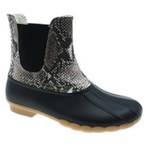 Outwoods Taupe And Black Snake Print Fleece Lined Duck Boots Rain Snow Boots - Picture 2 of 16